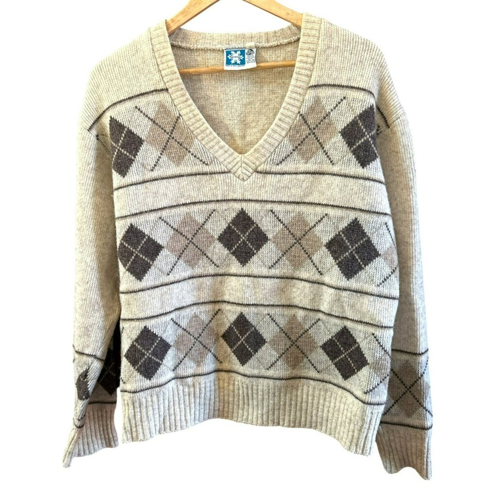Vintage New Zealand Norsewear 100% Wool Cream Brown Argyle V Neck Sweater Large